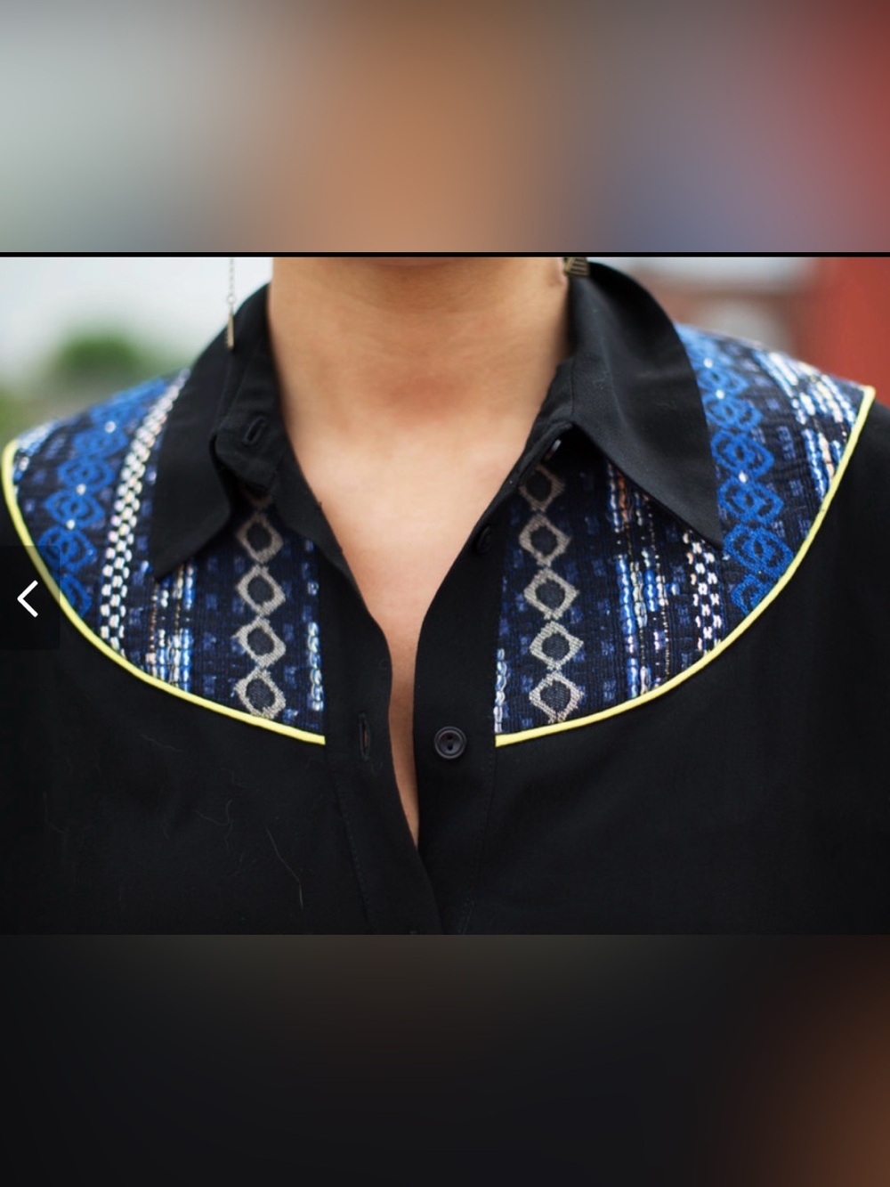 Eve Gravel Woven Accent Black Button-Up Top with Blue Embroidered Collar - Picture 3 of 3